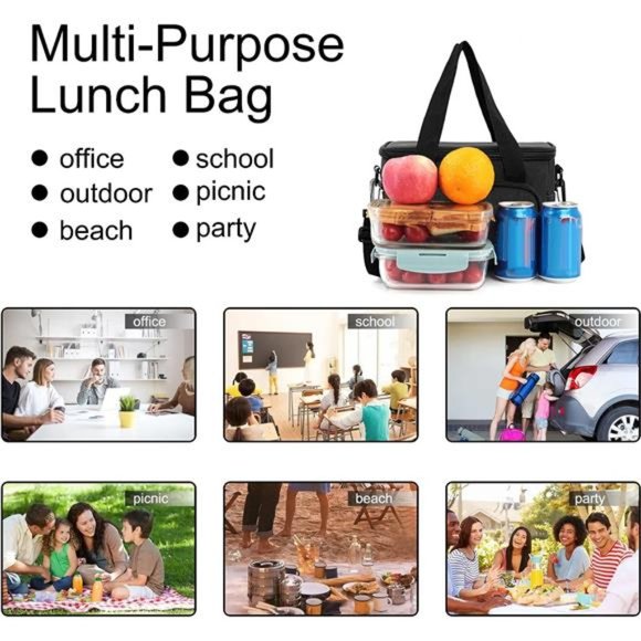 Men' Insulated Lunch Bag Leakproof Lunch Box w/Adjustable Shoulder Strap - Black - Picture 7 of 7